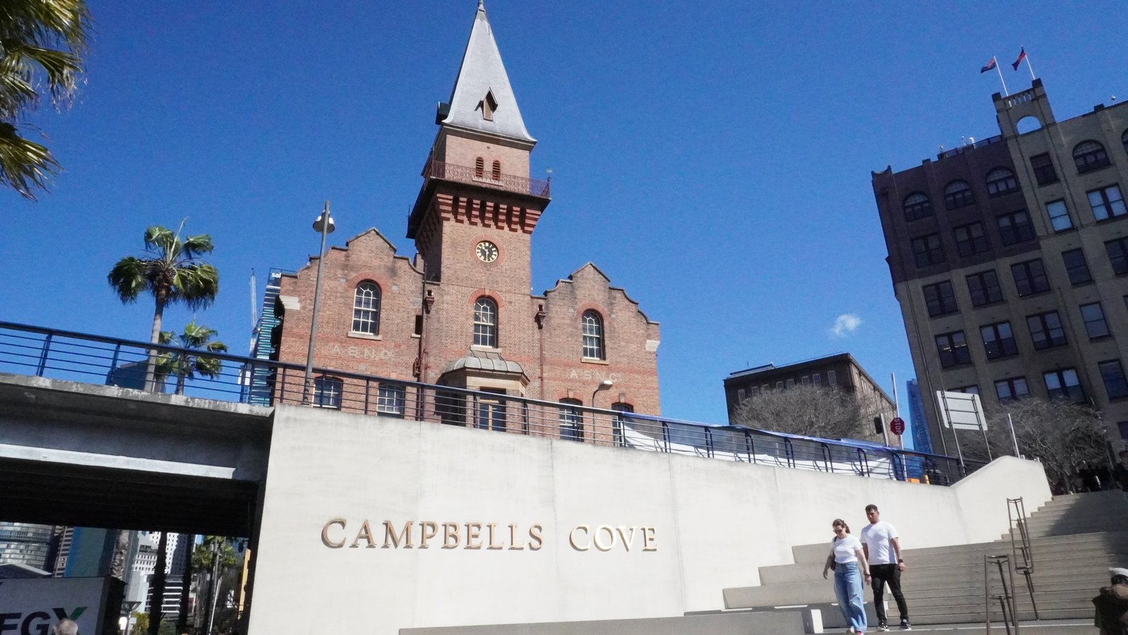 Campbells Cove sign and the historic Harbour Trust clocktower